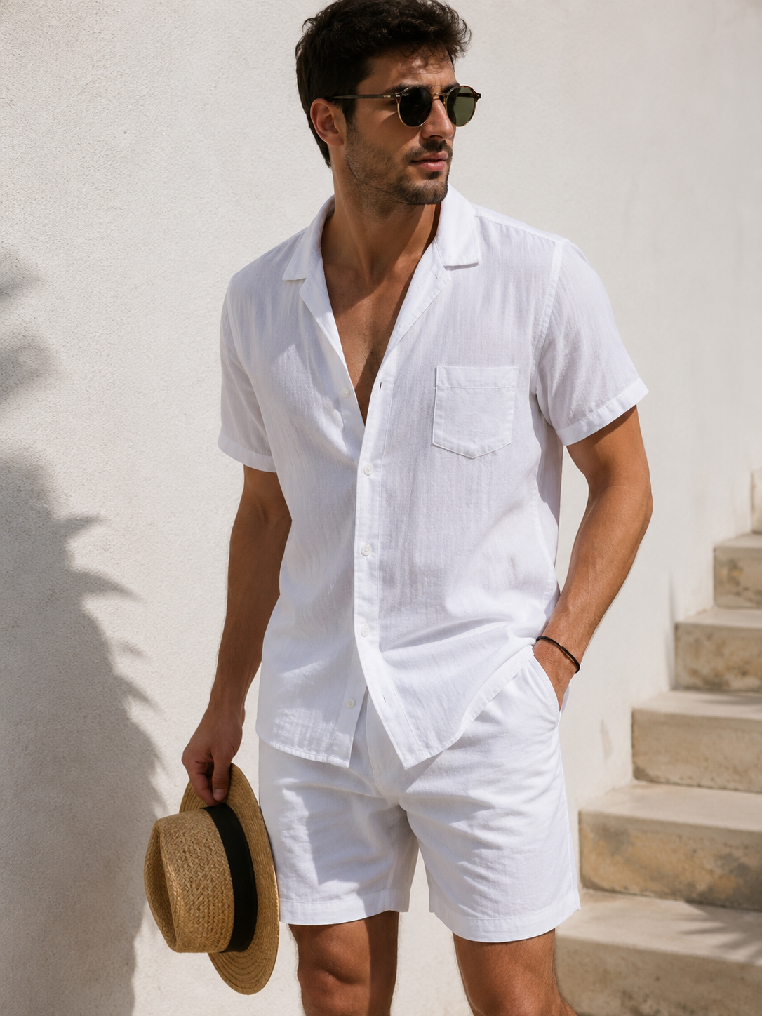 Conjunto de Lino para Hombre – Camisa de Manga Corta y Pantalón Corto