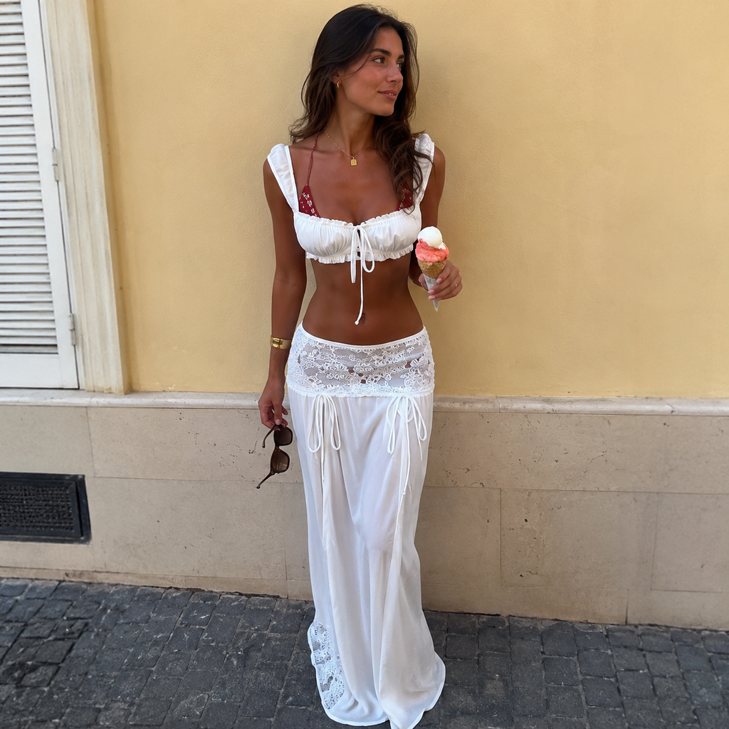 Conjunto Boho Blanco para Mujer | Top Bardot y Falda Larga de Encaje