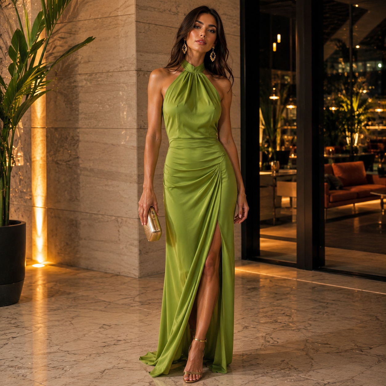 Vestido Largo Verde Halter con Espalda Descubierta