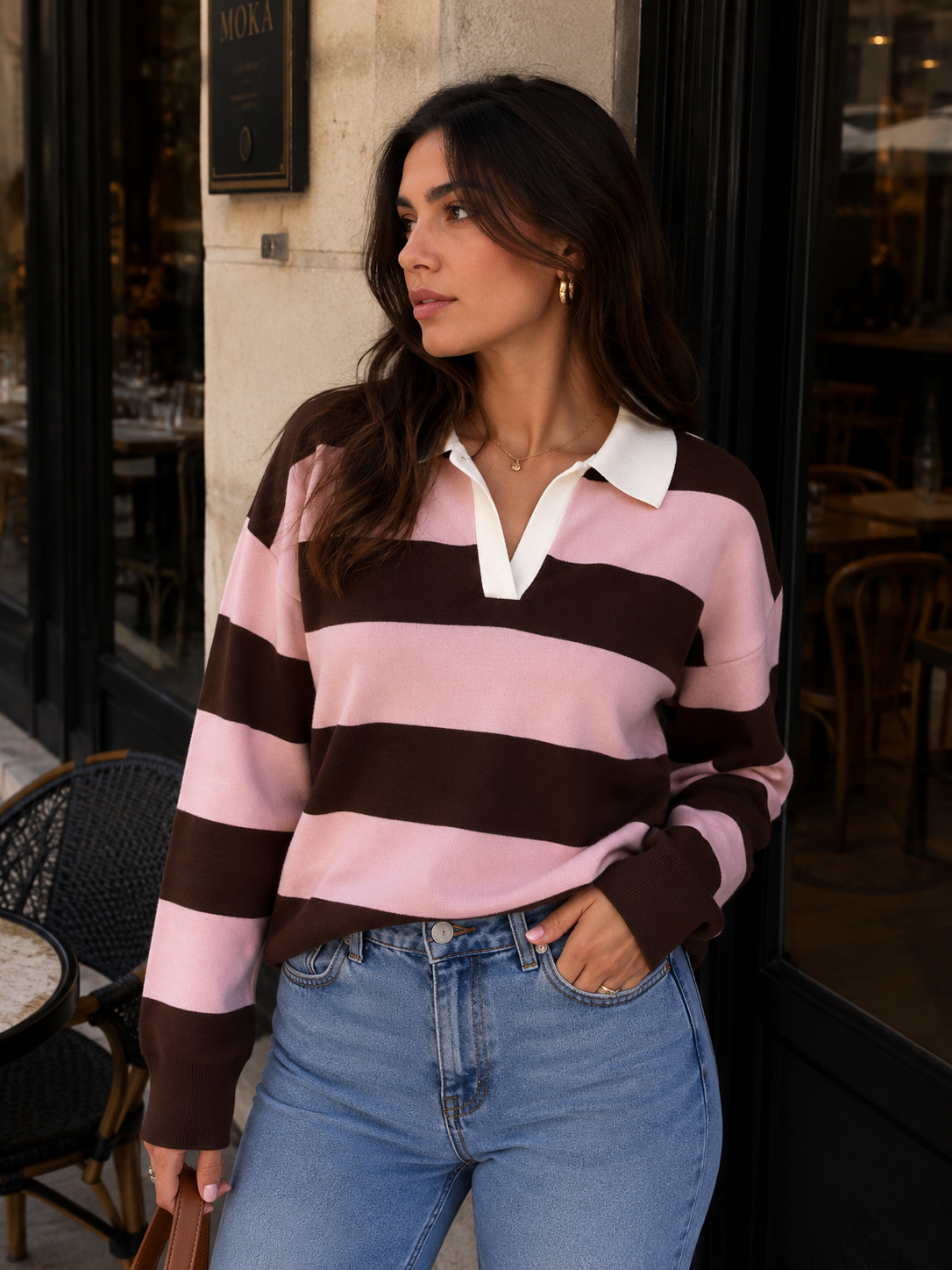 Jersey Polo de Punto a Rayas para Mujer