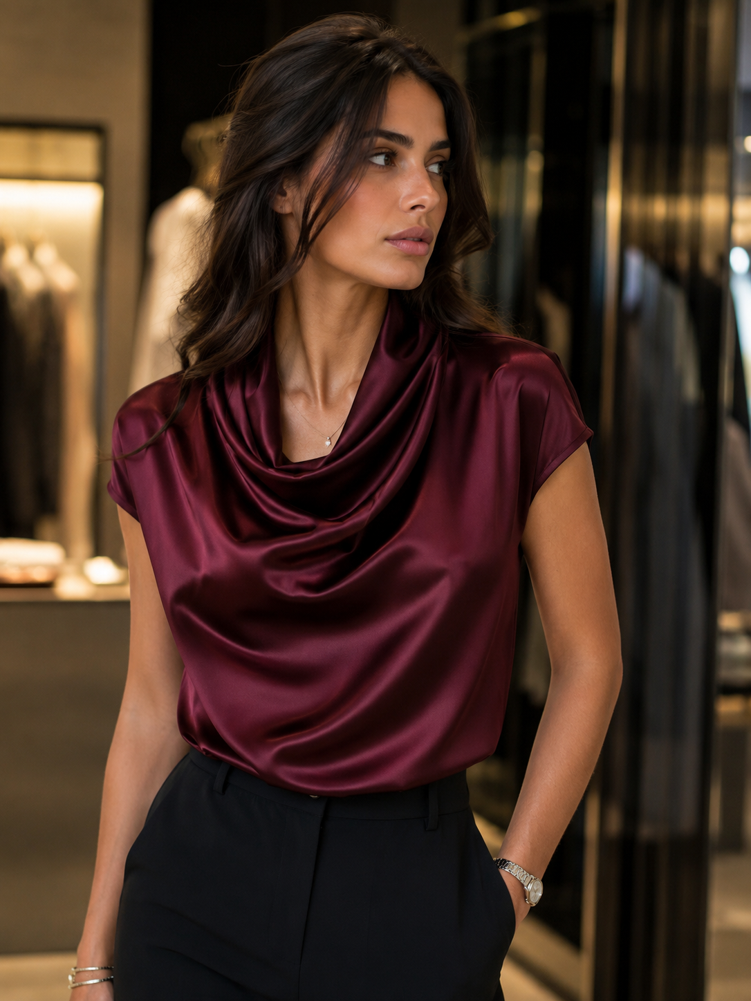 Blusa Satinada Burdeos de Cuello Drapeado | Elegancia Premium para Mujer