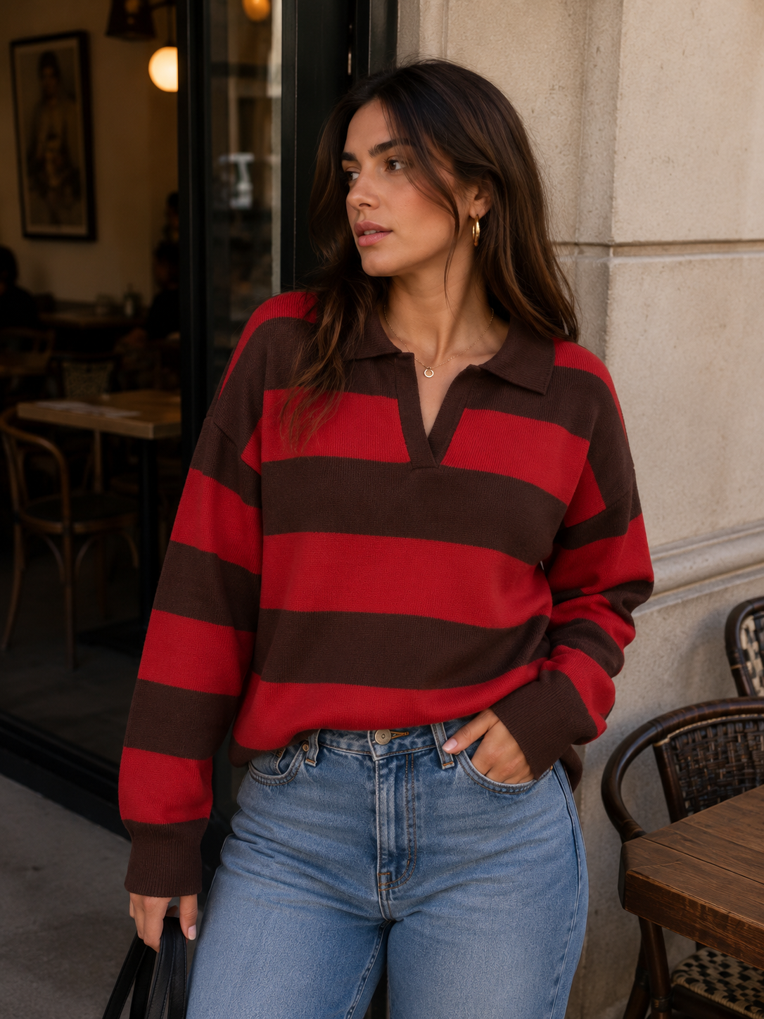 Jersey Polo de Punto a Rayas para Mujer